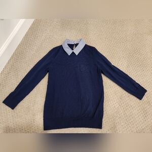 J.Crew Womens Navy Striped Shirt Collar Sweater, Size M, 3/4 Sleeves